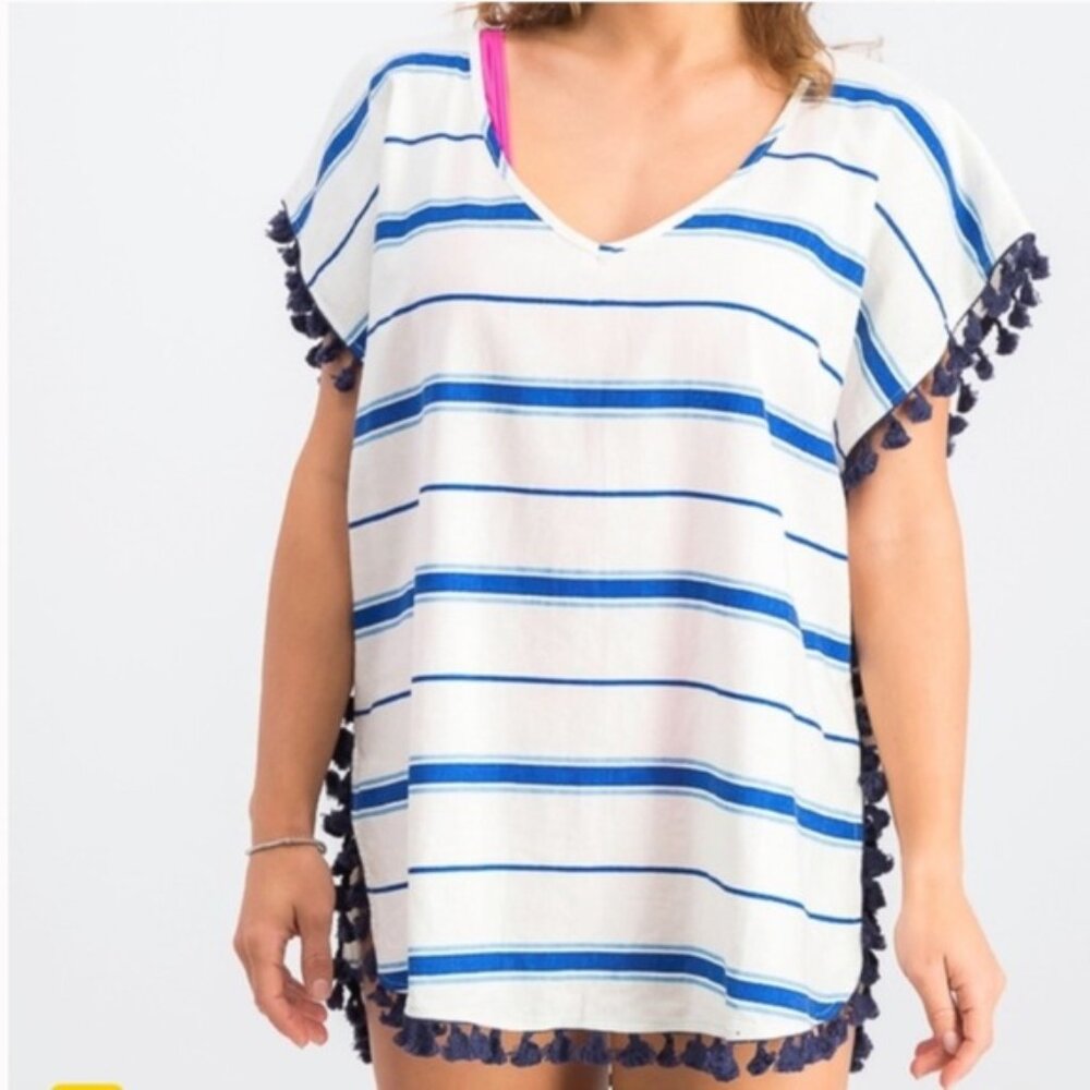 Soleil Linen Blend Blue White Striped Poncho Top with Pom Pom Tassels Coverup